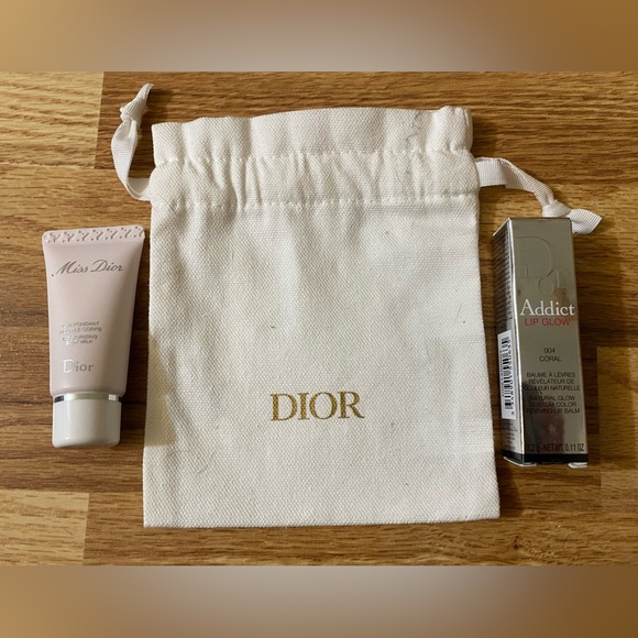 Dior Small White Drawstring Pouch with Miss Dior Body Milk /Addict Lip Glow New